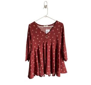 Reb. In J Rust Floral Baby Doll Fall 3/4 Sleeve V-Neck Blouse Sz L Flowy Casual
